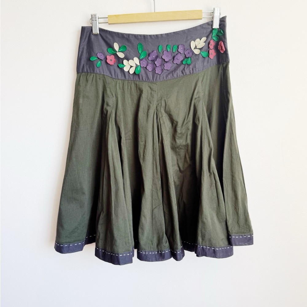 Olive Green Cotton Flower Appliqué Skirt